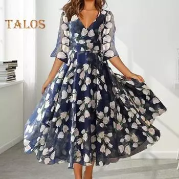 Женское платье с коротким рукавом и цветочным принтом, V-образным вырезом, трапециевидной формы, большие качели, плиссированное сетчатое лоскутное платье длиной до середины икры, вечернее платье миди для выпускного вечера L синий