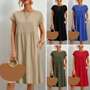 Женское платье с коротким рукавом и высокой талией, карманом, плиссированным струящимся подолом, однотонное платье трапециевидной формы, уличная одежда XL синий