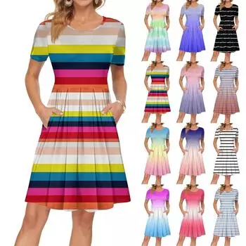 Женское платье с коротким рукавом, плиссированное, свободное, повседневное платье с карманами, платья длиной до колена L чёрный