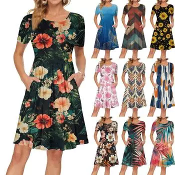 Женское платье с коротким рукавом, плиссированное, свободное, повседневное платье с карманами, платья длиной до колена S красный