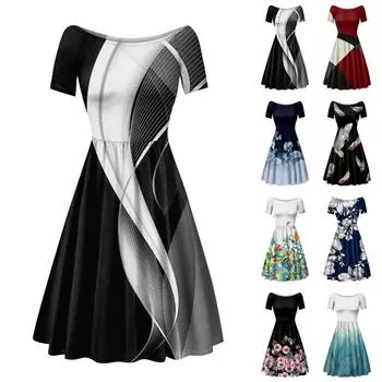 Женское платье с коротким рукавом реглан с круглым вырезом и большим вырезом с открытыми плечами Платье с принтом L чёрный