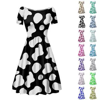 Женское платье с коротким рукавом реглан с круглым вырезом и большим вырезом с открытыми плечами, платье с принтом молочных полосок S чёрный