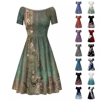 Женское платье с коротким рукавом реглан с круглым вырезом и большим вырезом с открытыми плечами в стиле ретро с принтом L