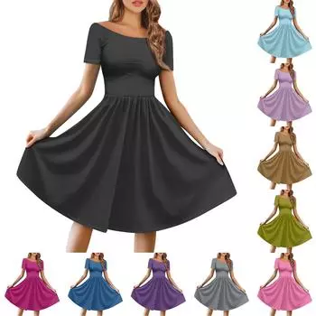 Женское платье с коротким рукавом реглан с круглым вырезом и большим вырезом с открытыми плечами, сплошное цветное платье L