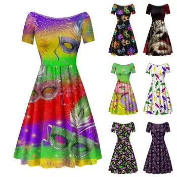 Женское платье с коротким рукавом реглан с круглым вырезом и большим вырезом с открытыми плечами Платье с принтом L чёрный