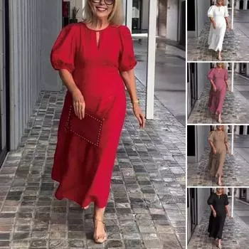 Женское платье с короткими пышными рукавами и круглым вырезом, однотонное платье трапециевидной формы до щиколотки, повседневное платье макси 2XL