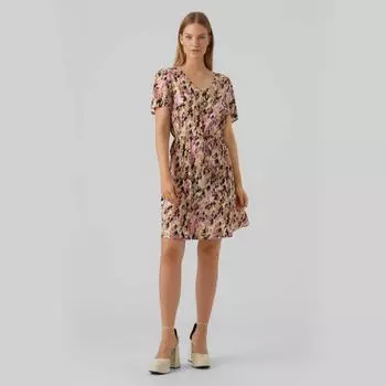 Женское платье с короткими рукавами и принтом, зауженное на талии VERO MODA XS бежевый