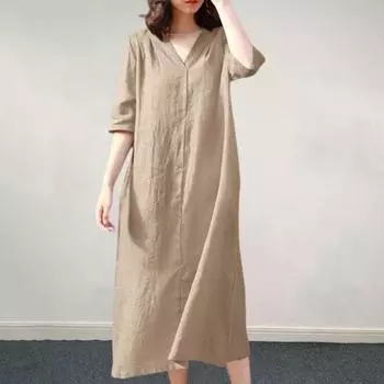 Женское платье с короткими рукавами и V-образным вырезом, свободное мягкое дышащее однотонное платье длиной до середины икры, повседневное повседневное для поездок на работу M хаки