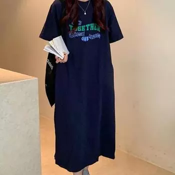 Женское платье с короткими рукавами, летнее, свободное, с принтом, длинное платье-футболка M темно-синий