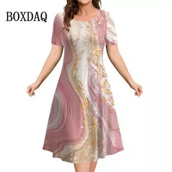 Женское платье с короткими рукавами, летнее платье с принтом 3D-мрамор, модная свободная одежда А-силуэта 2023 года, новые элегантные женские вечерние платья S