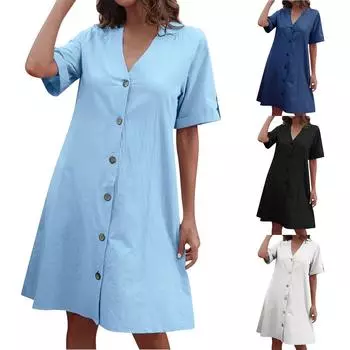 Женское платье с короткими рукавами, средней длины, на пуговицах, с V-образным вырезом, свободная однотонная юбка А-силуэта L чёрный