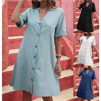 Женское платье с короткими рукавами, средней длины, однобортное, с V-образным вырезом, свободное, однотонное, А-силуэта, повседневные платья S чёрный
