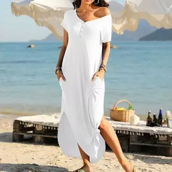 Женское платье с короткими рукавами, универсальная удобная модная повседневная пляжная одежда для летних каникул M чёрный