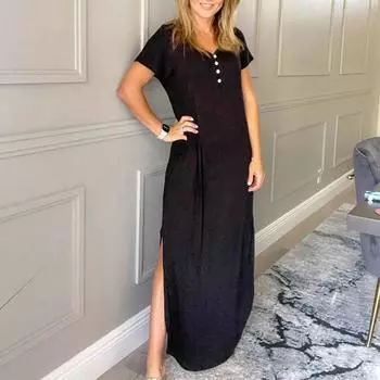 Женское платье с короткими рукавами, v-образным вырезом и карманами, полиэстер, повседневное свободное платье с короткими рукавами, пляжная одежда M чёрный