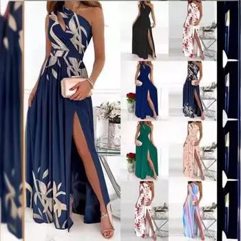 Женское платье с косыми плечами и открытыми плечами, стильное, пригородное, с градиентным цветом, с высоким разрезом, длинное платье L абрикосовый