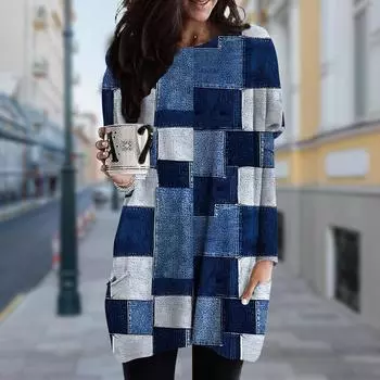 Женское платье с ковбойским принтом и круглым вырезом, весна-осень, платье больших размеров с карманами XS темно-синий