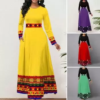 Женское платье с круглым вырезом, большими рукавами, большие размеры, трапециевидной формы, свободные, облегающие, с высокой сексуальной талией, в стиле пэчворк, мягкая длина до середины икры M жёлтый