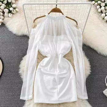 Женское платье с круглым вырезом, бретелькой на шее и открытыми плечами, сетчатая строчка, плиссированная талия, утягивающее короткое платье на бедрах