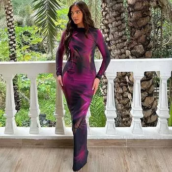 Женское платье с круглым вырезом, цифровая печать, пуловер, длинные рукава, разрез, средняя талия, нестандартное платье, платье S фуксия