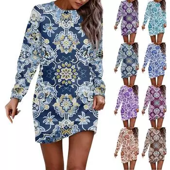 Женское платье с круглым вырезом, цветочным принтом, длинными рукавами, облегающее бедра, гигиеническое платье S