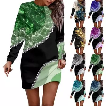 Женское платье с круглым вырезом, цветочным принтом, длинными рукавами, облегающее бедра, гигиеническое платье S