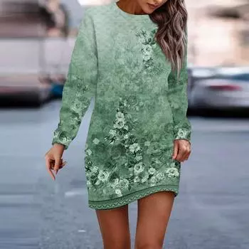 Женское платье с круглым вырезом, цветочным принтом, длинными рукавами, облегающее бедра, гигиеническое платье L