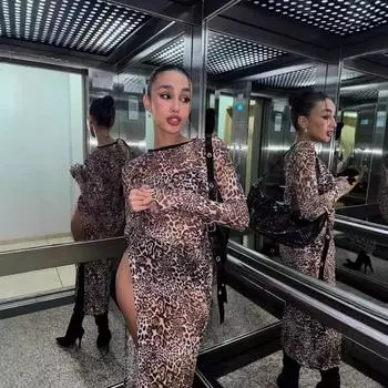 Женское платье с круглым вырезом, длинными рукавами и сетчатым принтом S цветной печати леопарда