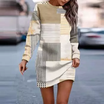 Женское платье с круглым вырезом и геометрическим узором в стиле пэчворк с длинными рукавами и бедрами, платья-толстовки L бежевый