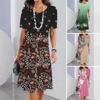 Женское платье с круглым вырезом и коротким рукавом с цветочным принтом, подходящее по цвету градиентное свободное платье трапециевидной формы, мягкое дышащее женское платье миди длиной до колена S чёрный