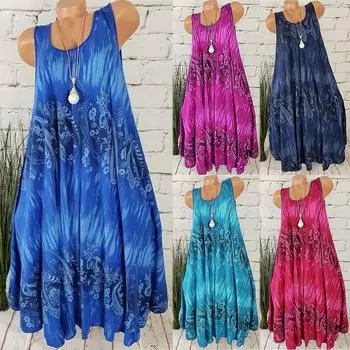 Женское платье с круглым вырезом и цифровым цветочным принтом, без рукавов, платье большого размера, прямое платье S светло-синий