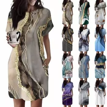 Женское платье с круглым вырезом и коротким рукавом, повседневные летние платья-туники, свободное платье с карманом L синий