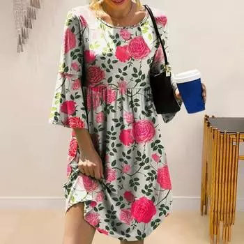 Женское платье с круглым вырезом и рукавами три четверти с цветочным принтом, сочетающееся по цвету, плиссированное трапециевидной формы, свободный подол до колена 2XL темно-зеленого