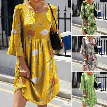 Женское платье с круглым вырезом и рукавами три четверти с цветочным принтом, сочетающееся по цвету, плиссированное, свободное, трапециевидное. 2XL темно-зеленого