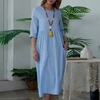 Женское платье с круглым вырезом и половиной рукава, с высокой талией и карманом, тонкое плиссированное свободное платье с длинными рукавами, однотонное платье-миди трапециевидной формы, уличная одежда 2XL синий