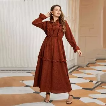 Женское платье с круглым вырезом и длинным рукавом с цветочным принтом. Высокая талия. Тонкое удобное дышащее легкое платье. Повседневная мода. Длинное платье больших размеров. L