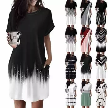 Женское платье с круглым вырезом и коротким рукавом, повседневные летние платья-туники, свободное платье с карманом L бежевый