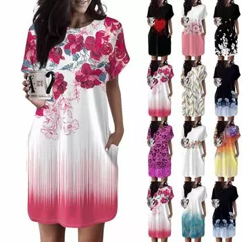 Женское платье с круглым вырезом и коротким рукавом, повседневные летние платья-туники, свободное платье с карманом L чёрный