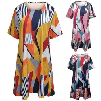 Женское платье с круглым вырезом и коротким рукавом с двойным карманом и геометрической вышивкой XXL