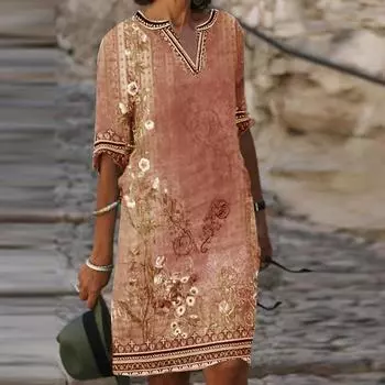 Женское платье с круглым вырезом и украшением на пуговицах, женское винтажное длинное платье с коротким рукавом и цветочным принтом L синий