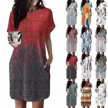 Женское платье с круглым вырезом и коротким рукавом, повседневные летние платья-туники, свободное платье с карманом L бежевый