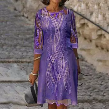 Женское платье с круглым вырезом и половиной рукава, облегающее однотонное платье из двух частей, кружевное платье миди, женская одежда XL розовый