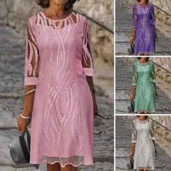 Женское платье с круглым вырезом и половиной рукава, облегающее однотонное платье из двух частей, кружевное платье миди, женская одежда