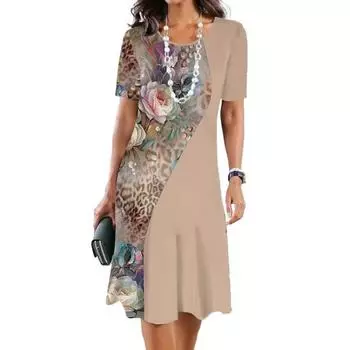 Женское платье с круглым вырезом и коротким рукавом с цветочным принтом, подходящее по цвету градиентное свободное платье трапециевидной формы, мягкое дышащее женское платье миди длиной до колена S чёрный