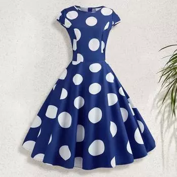 Женское платье с круглым вырезом и коротким рукавом, облегающее винтажное вечернее платье миди с высокой талией и круглым вырезом на талии в горошек M чёрный