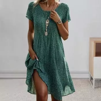 Женское платье с круглым вырезом и короткими рукавами в горошек, трапециевидное, свободное, в этническом стиле, с большим подолом, повседневная одежда, для отдыха L зелёный