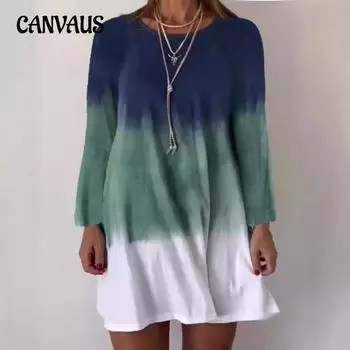 Женское платье с круглым вырезом и градиентным принтом, длинными рукавами S синий