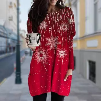 Женское платье с круглым вырезом и принтом снежинок, весна-осень, платье больших размеров с карманами XS красный