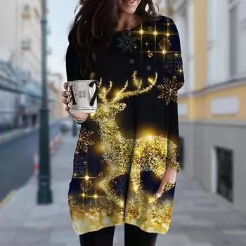 Женское платье с круглым вырезом и принтом золотого оленя, весна-осень, платье больших размеров с карманами XS темно-синий