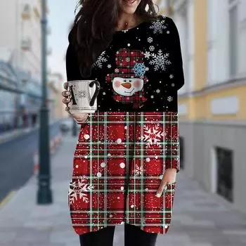 Женское платье с круглым вырезом и принтом в сетку, весна-осень, платье больших размеров с карманами XS красный