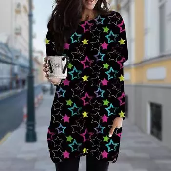 Женское платье с круглым вырезом и принтом пятиконечной звезды, весна-осень, платье больших размеров с карманами XS фиолетовый